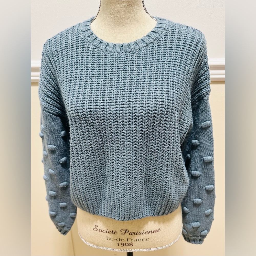 Anthro Moon&Madison Chunky Cropped Sweater Blue Raised Dots S Cottage Cozy Boho